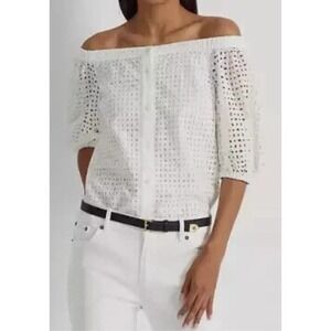 Lauren Ralph Lauren White Eyelet Off Shoulder Top Button Down Blouse 3X NWT $165